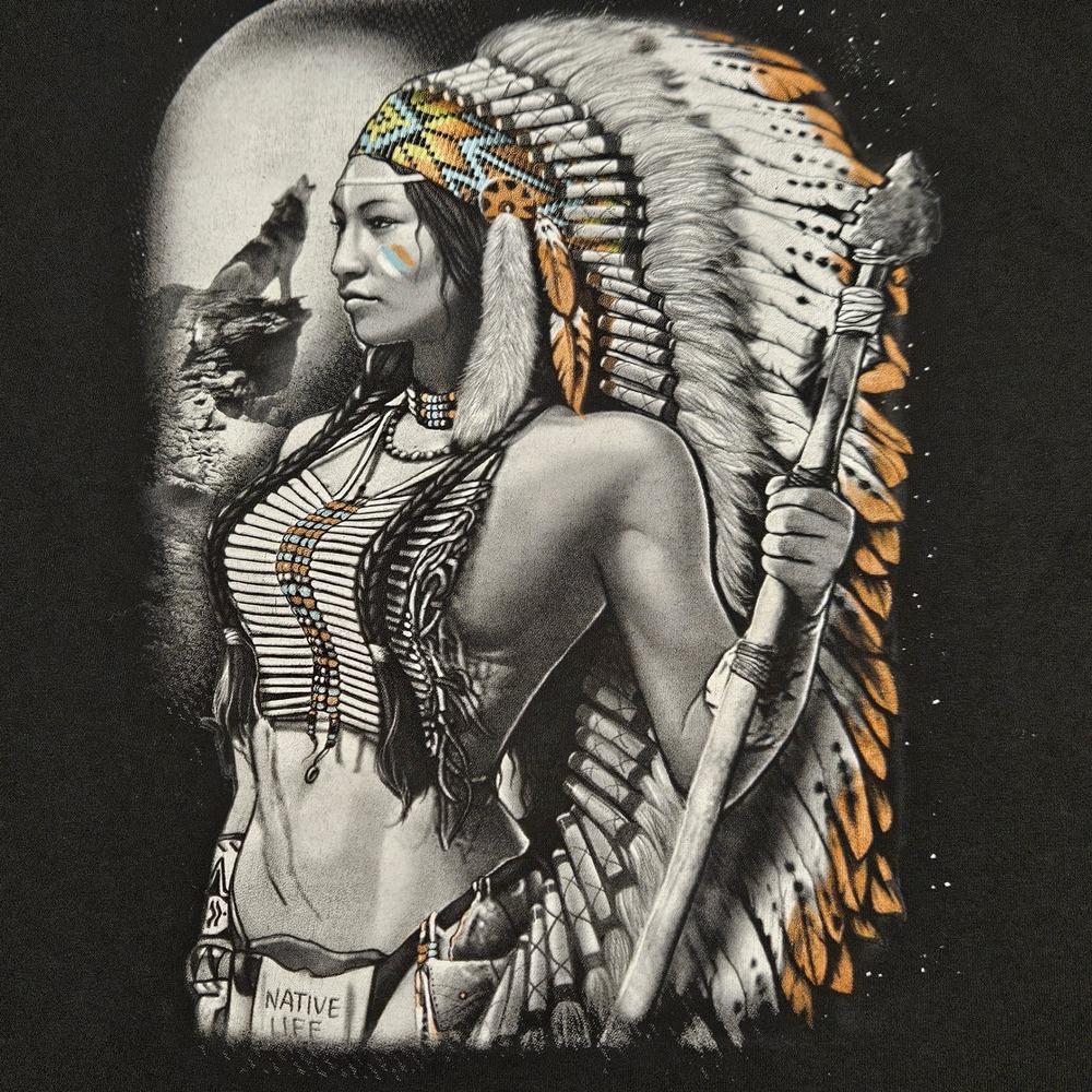 Unbranded Graphic T-Shirt Unisex Medium Black Native American Wolf Warrior Edgy